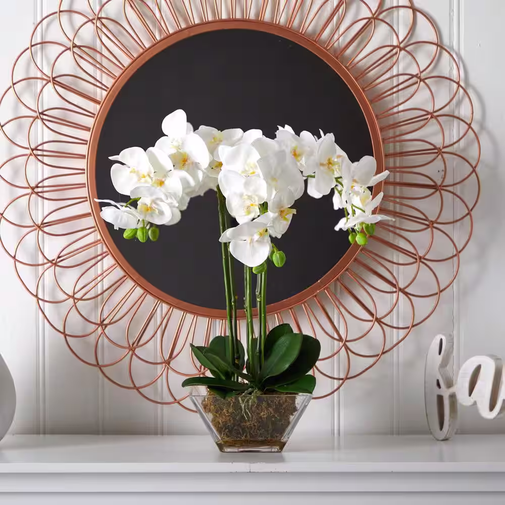 Nearly Natural 22 in. Artificial Triple Phalaenopsis Orchid in Glass Vase