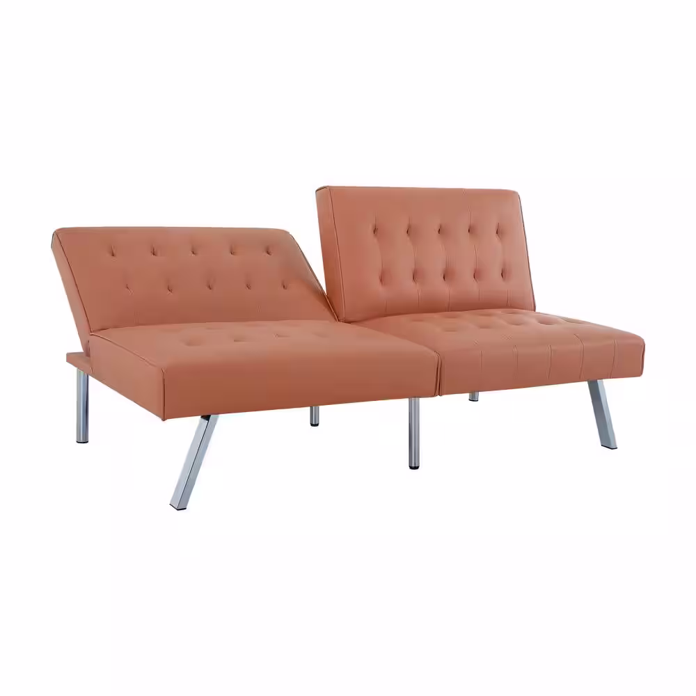 HOMESTOCK 68.5 in W Caramel Tufted Split Back Futon Sofa Bed, Faux Leather Couch Bed, 3-Seat Futon Convertible Sofa Bed
