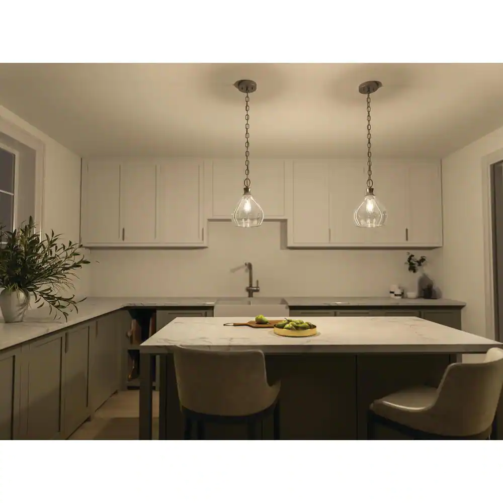 KICHLER Merriam 8 in. 1-Light Brushed Nickel Farmhouse Shaded Kitchen Pendant Hanging Light with Clear Glass