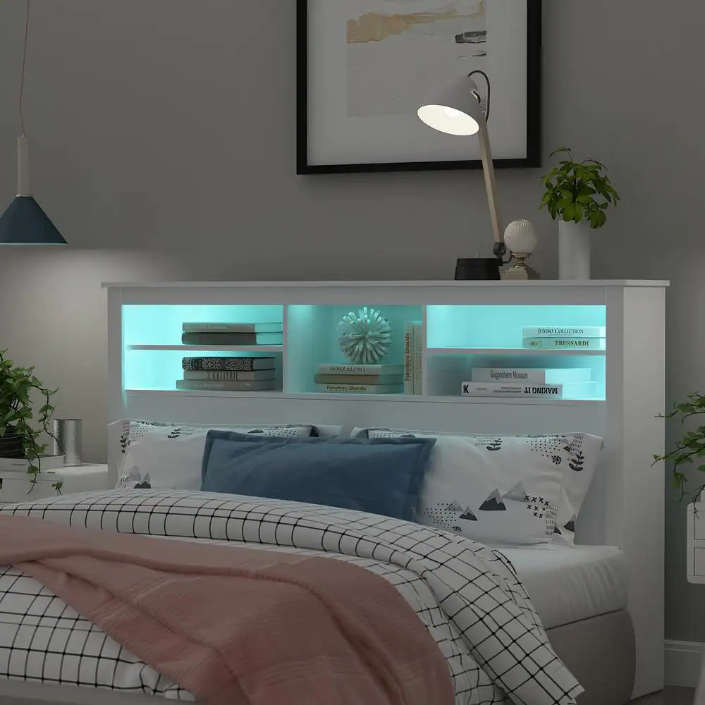 FUFU&GAGA Full Queen White Wood Headboard Shelf With 5-Shelves and LED Lights